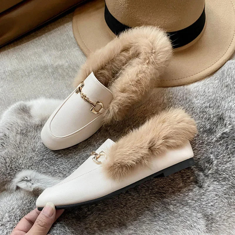 Autumn Winter Loafers Women Rabbit Fur Booties Slipon Ankle Boots Flat Botas De Mujer Plush Warm Boot British Leather Shoes 251013
