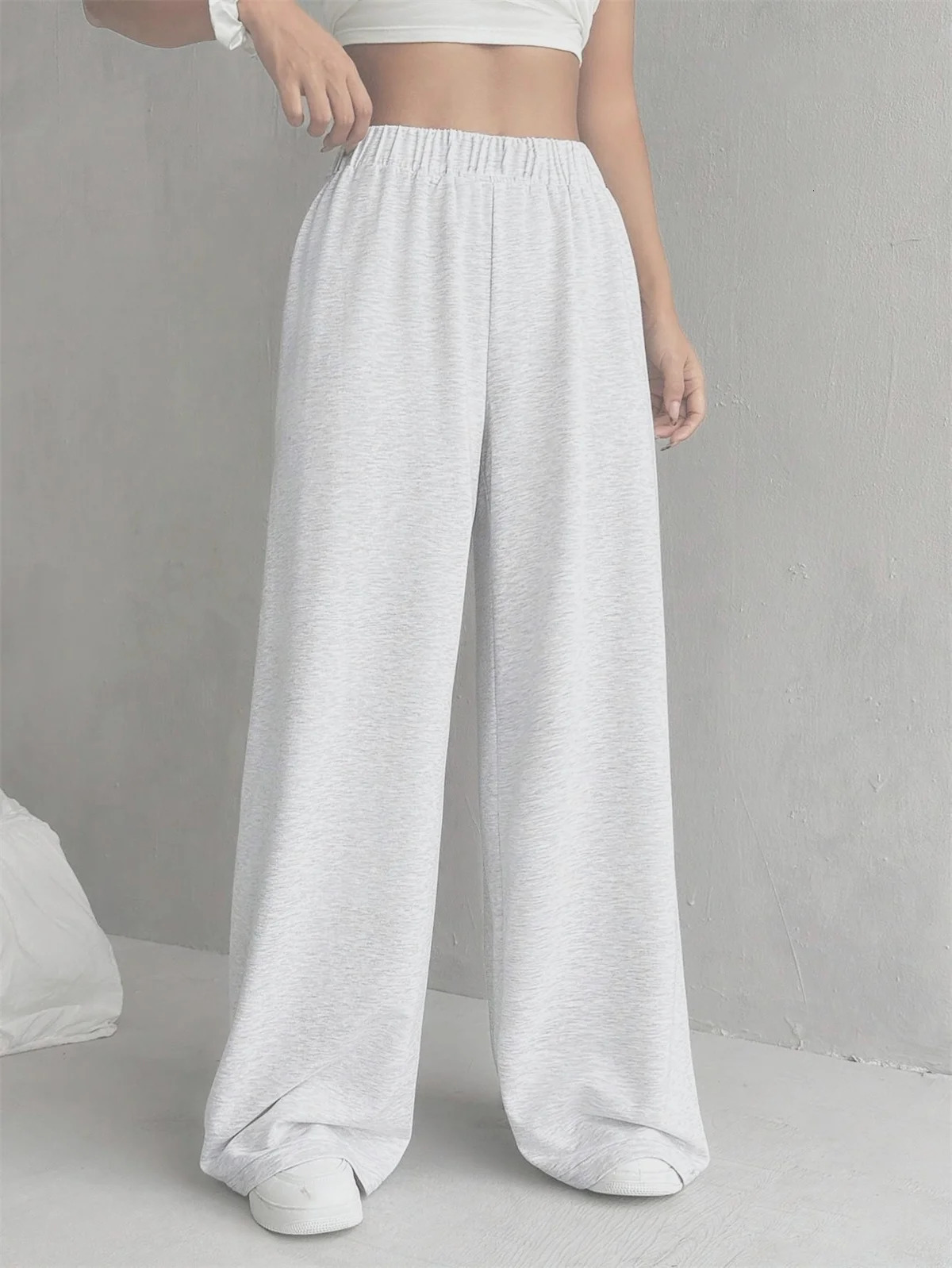 Fashion Elastic Waist Pant Solid Spring Autumn In Vintage Simple Casual Trousers Female Straight Wisd Leg Pants Street 251017