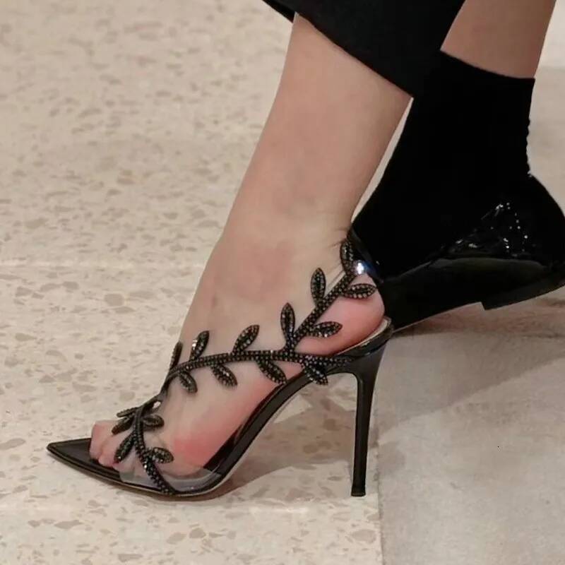 2025 New Temperament Fashion High Heels Pointy Rhinester Leaf Stiletto Sandals Dinner Party Shoes ddmymonkey