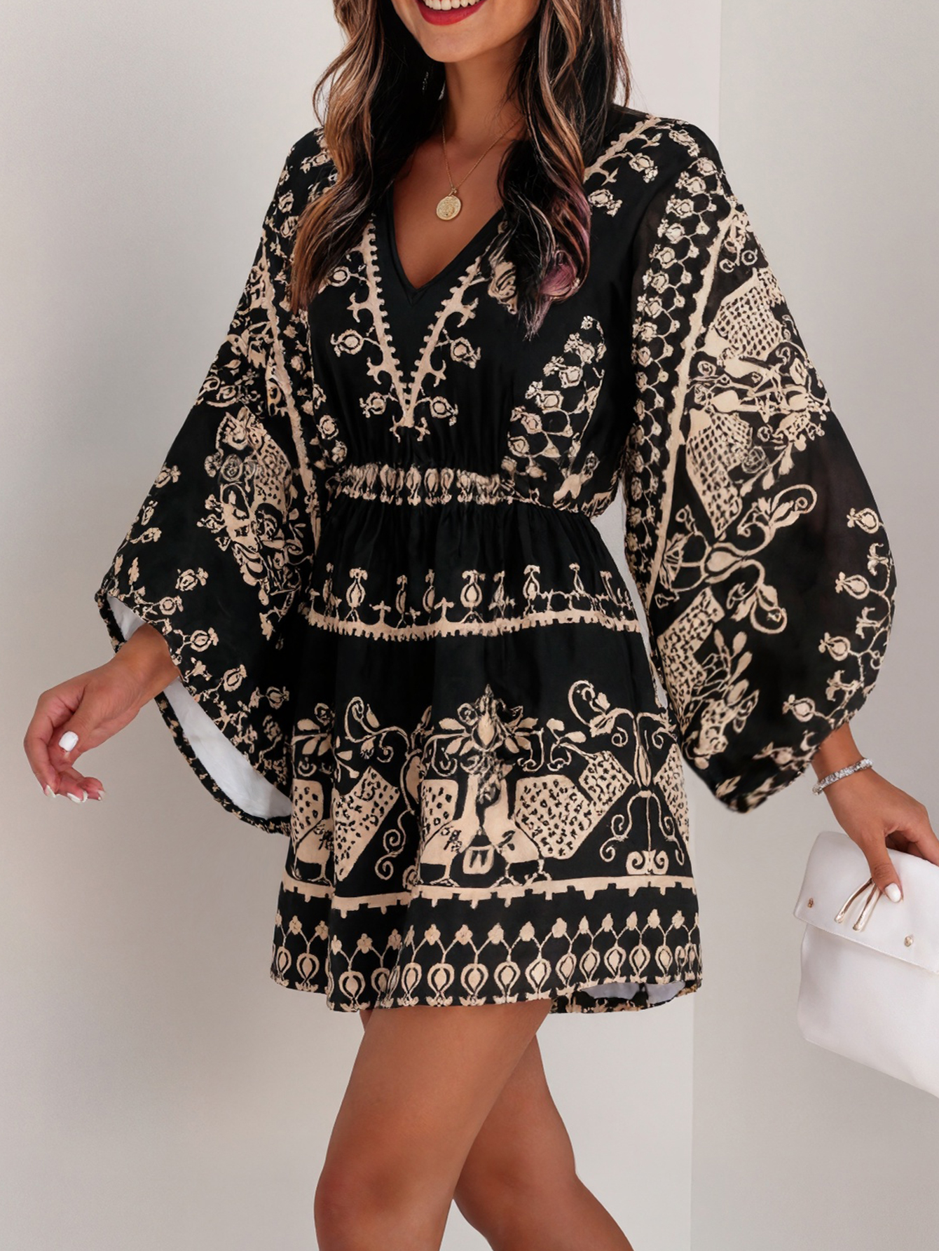 Women's Spring Autumn Retro Ethnic Flare Sleeve Dress - Casual Vacation Loose Waist Dress-CF53921