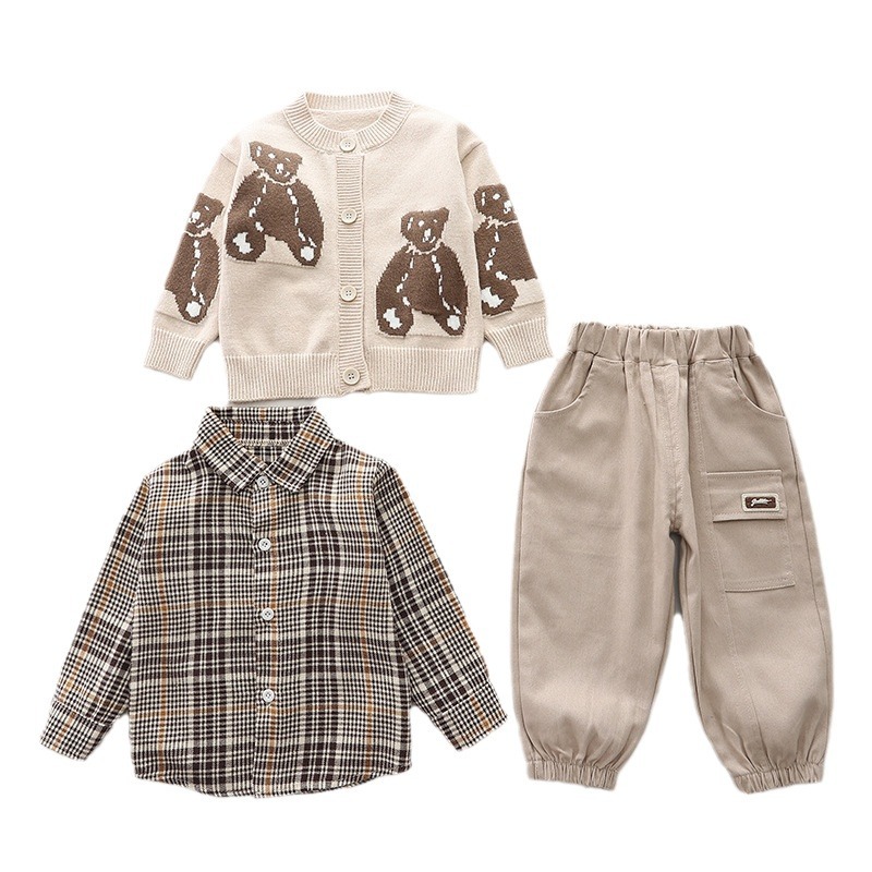 Baby spring outfit set, stylish, 1-4 year old boy's teddy bear long sleeved sweater three piece set, baby and children's clothing free shipp