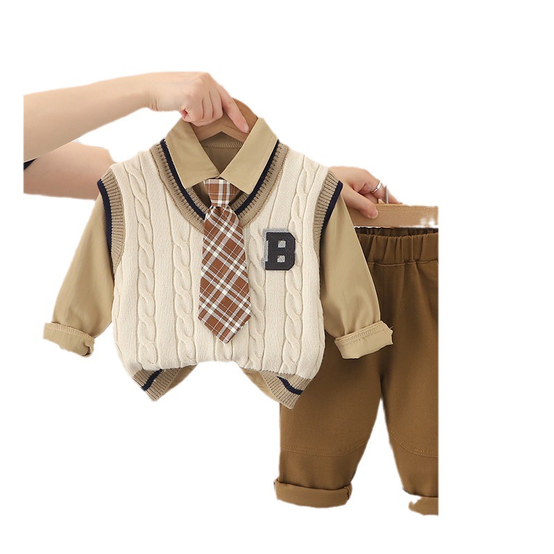 Boys' autumn outfit set, tie, letter sweater, three piece set, 2023 new item, children's clothing for ages 1-2-4, casual and fashionable