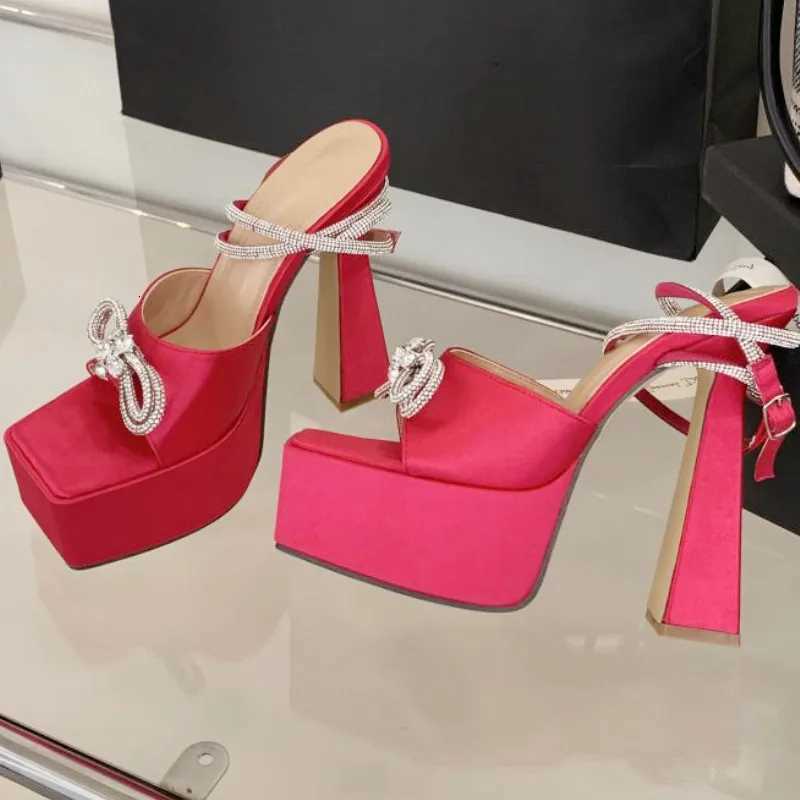 Luxury Rhinestone Bow Women Sandals Satin Square Toe Open Toe Super High Heel Sandal Summer Fashion Party Belt Buckle Dress Shoe Z251015