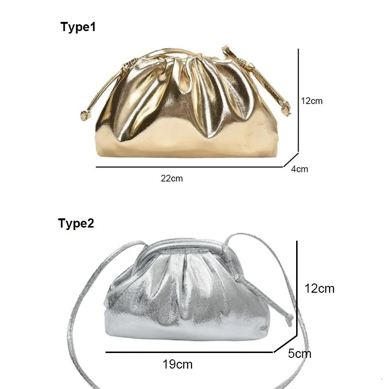 Small Design Womens Soft PU Leather Gold Silver Cloud Hobo Bag Elegant Dressy Handbag Ruched Dumpling Party Clutch Purse R251018