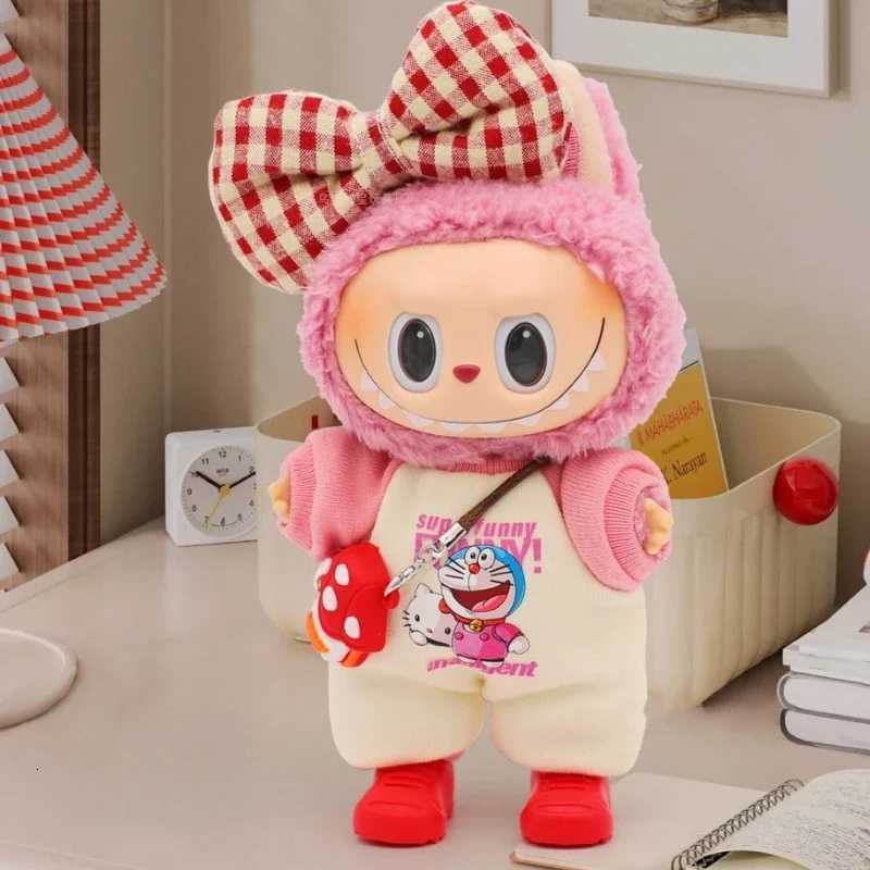 For 17cm Labubu Doll Clothes cute cartoon jumpsuit Doll Clothes sweet set Dolls Accessories grid bow Decoration Little ClothsT251018