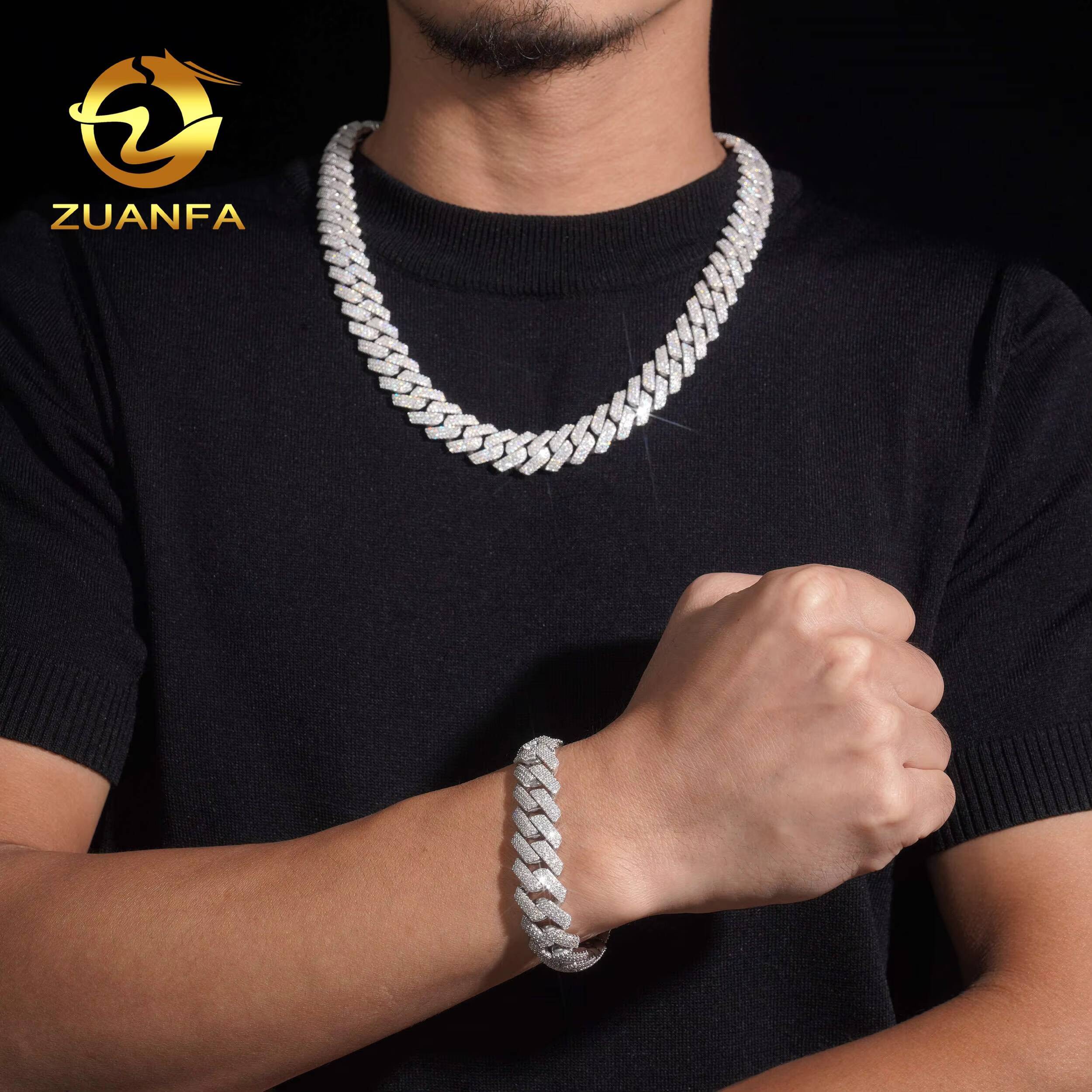 Pass Diamond Tester Hip Hop Iced Out Mens 15mm 3 Rows Stone Moissanite Miami Cuban Link Chain