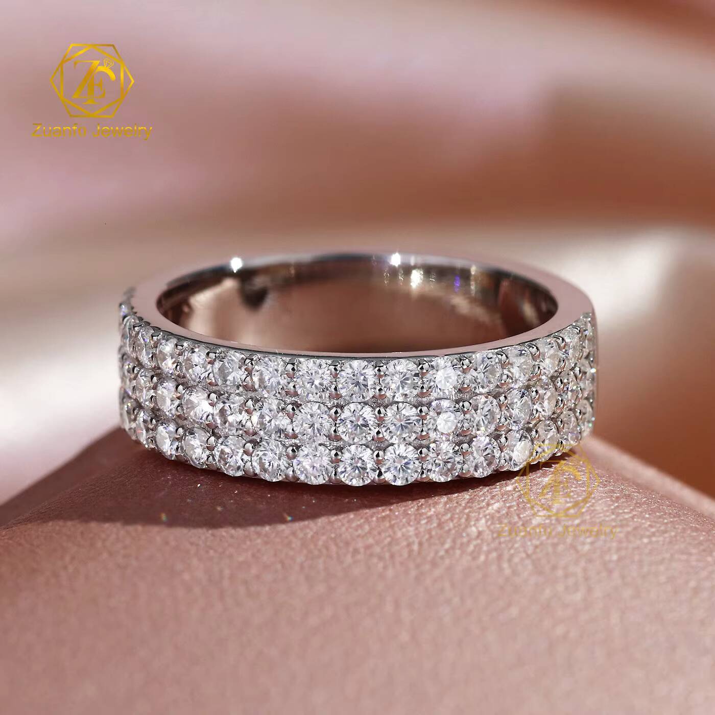 Custom VVS Moissanite Gemstone Ring 925 Sterling Silver White Gold 3Rows Moissanite Half Eternity Band Fine Ring