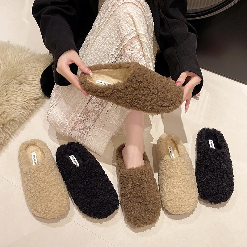 LazySeal Fleeces Solid Color Furry Slippers Women Baotou Fur Flip Flops Woman Sliders Flat With Slides Warm Slippers Indoor Shoe 251013