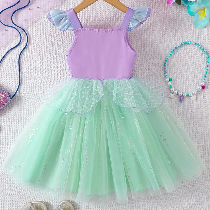 Girls Flying Sleeve Suspender Mesh Skirt Baby Girl Summer Sweet Sequin Performance Costume Mermaid Princess Dress 251014