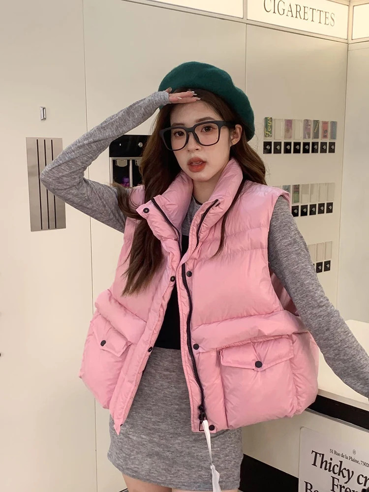 Autumn Winter Solid Stand Collar Down Vest Women 90 White Duck Down Zipper Pocket Vest Female Quilted Sleeveless Waistcoat Coat 251016