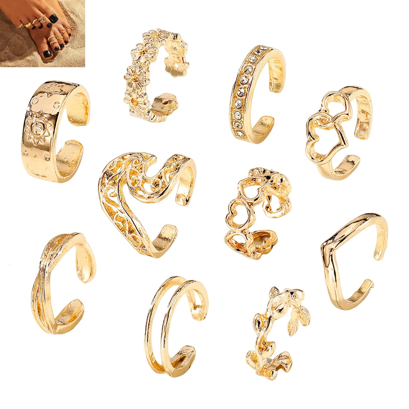 10Pcs Adjustable Toe Rings for Women Gold Color Metal Foot Rings Love Heart Flower s for Girls Summer Beach Feet Jewelry 251014
