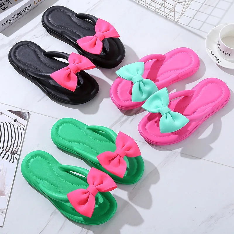 Bow Tie Slippers for Women Sweet Bow Tie Flip Flops Outdoor EVA Non-Slip Beach Shoes, Comfortable Sandals Summer Fashion Sneakers Ideal for Girls