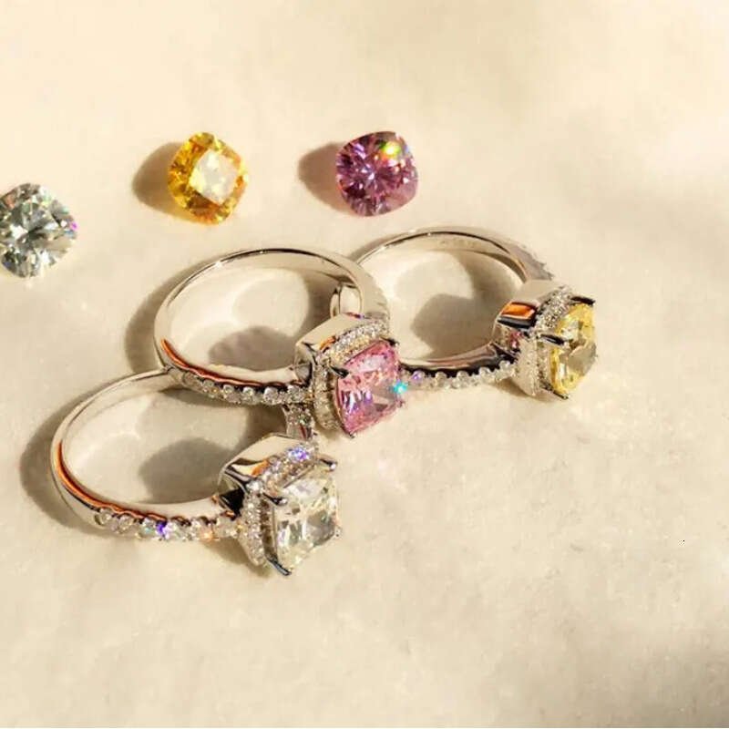 Three Color Hot Sell Jewelry Sterling Sier Cushion Shape White Topaz Women Wedding CZ Dia Classical Geones Ring Gift