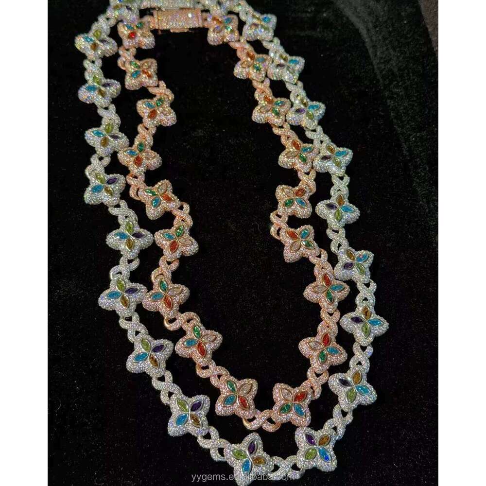 Countess Yuying Cut Flower Style Color Silicon Stone Real Gold Plated S Sier Cuban Chain Necklace Hip Hop Jewelry