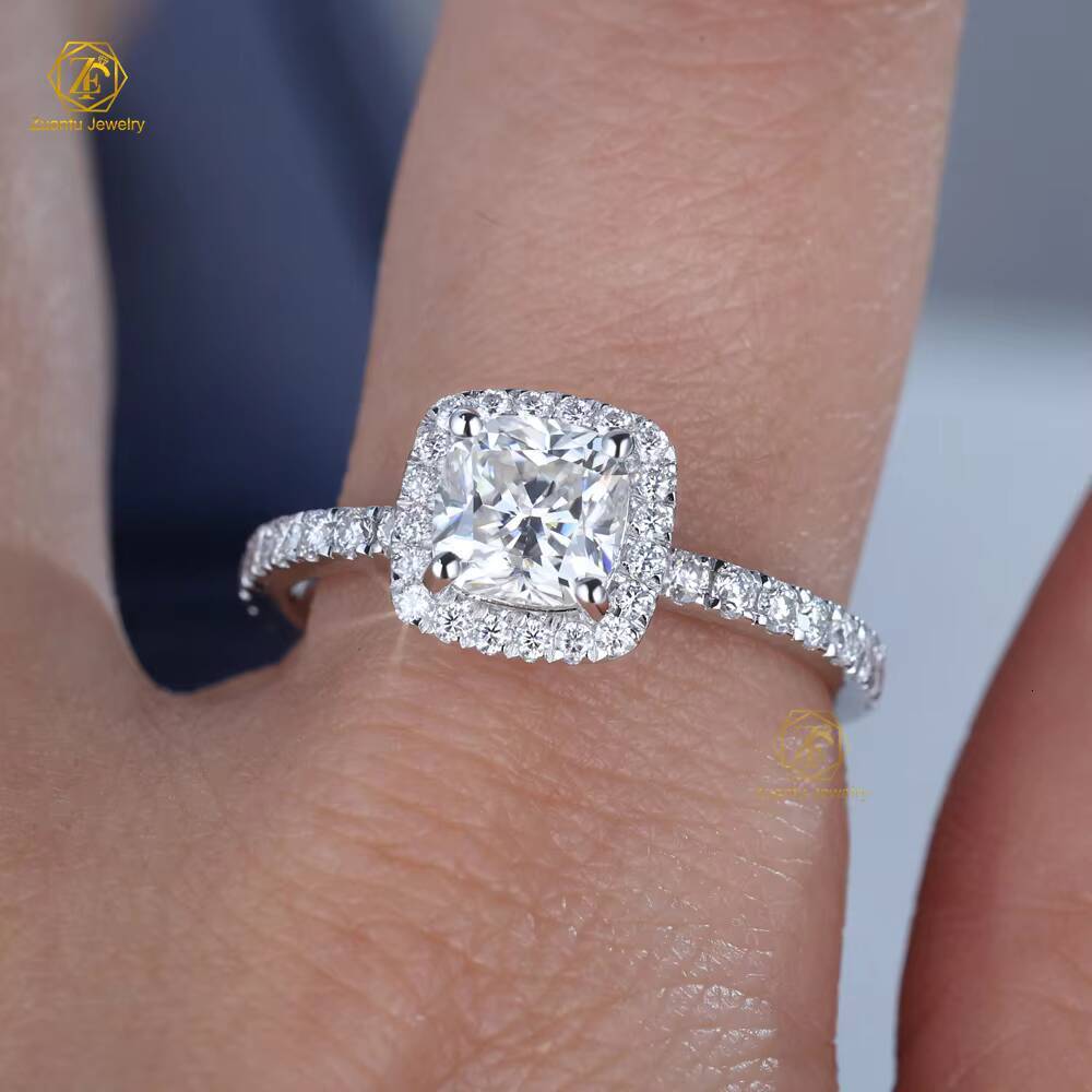 Adjustable S925 Silver 1CT 65mm Cushion Cut Moissanite Engagement Wedding Ring with Diamond Halo Moissanite Jewelry