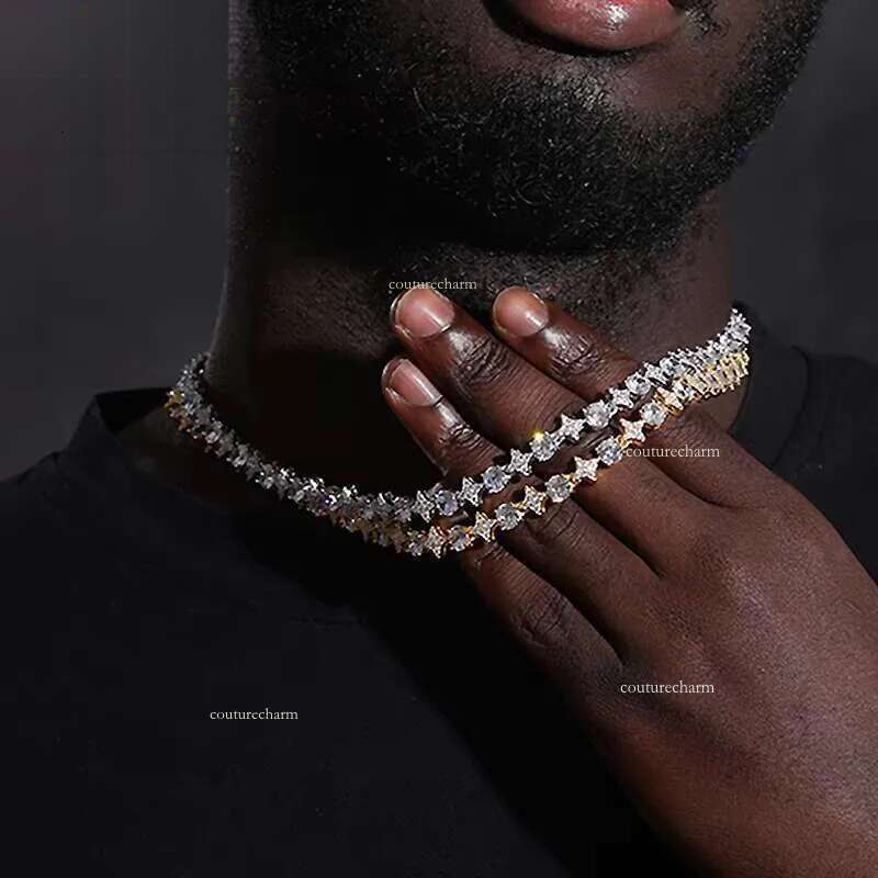 New Design Sparkling Mens Womens 6mm Sterling Sier VVS Moissanite Dia Iced Out Star Tennis Chain Necklace