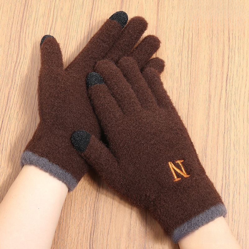 Men's Fleece-Lined Thickened Letter Embroidery N Cycling Winter Cold-Proof Warm Gloves Touchscreen