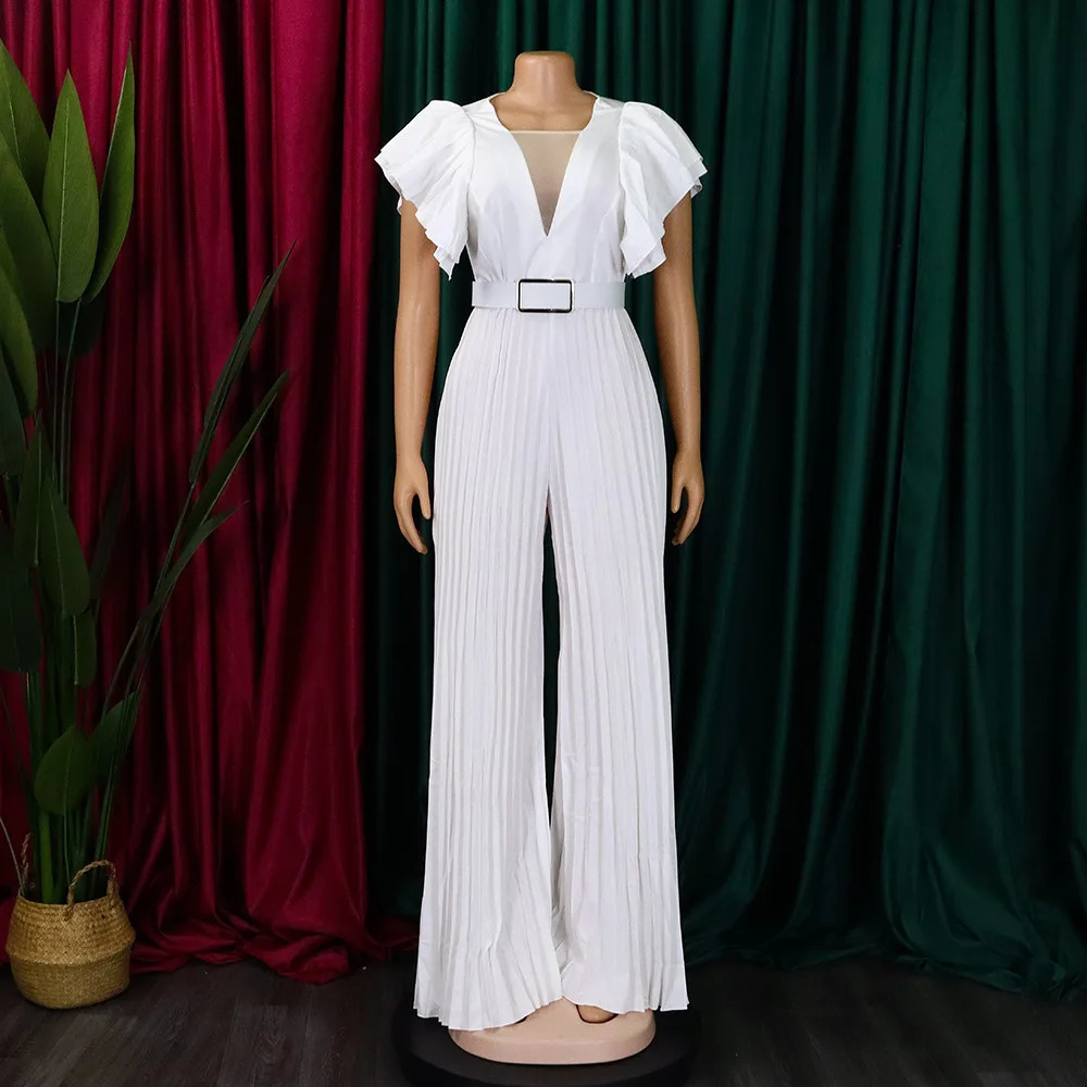 Elegant Pleated Jumpsuits Rompers for Women V Neck Ruffles Belt Waisted High Waisted Floor Length Birthday Party Outfit 251016