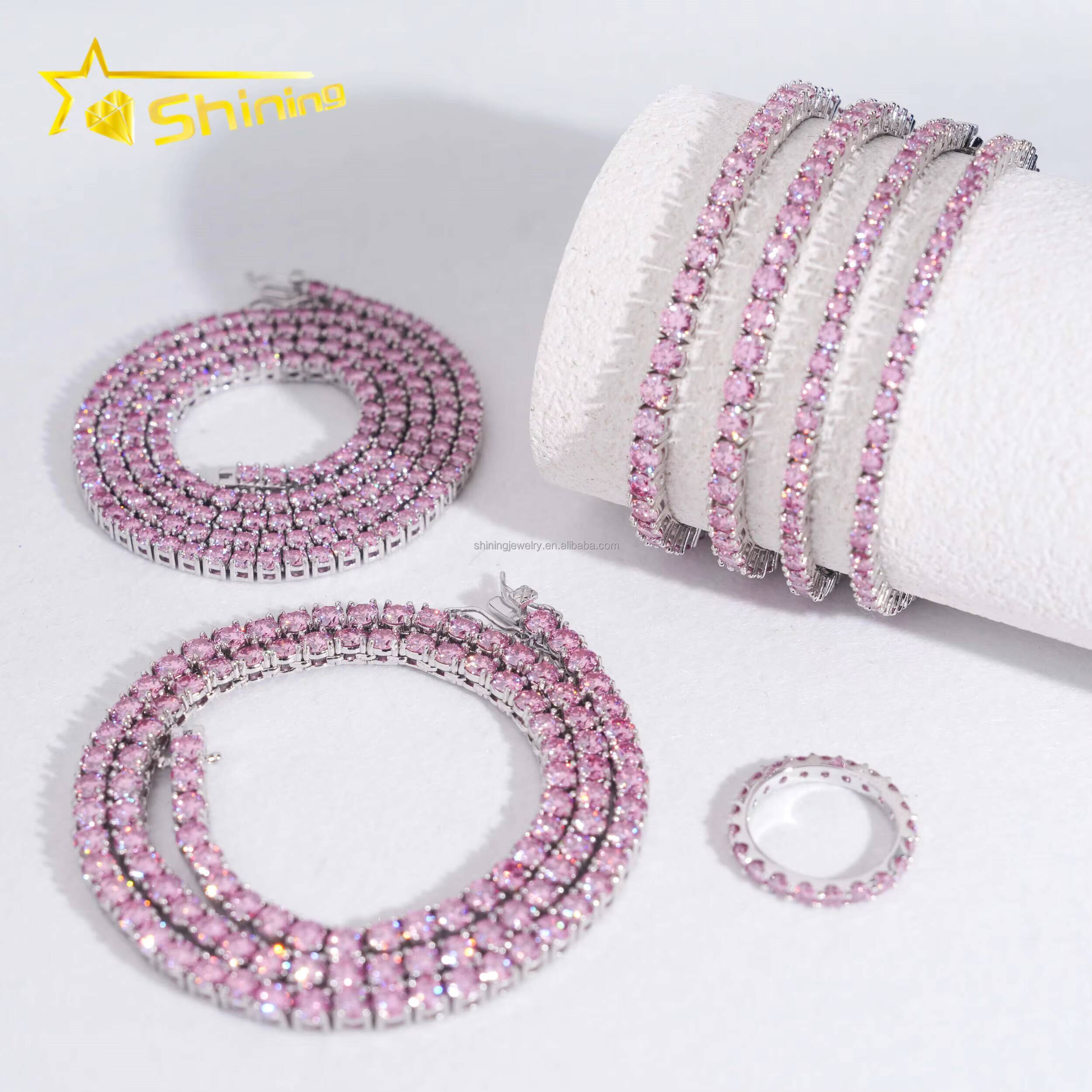 New Arrivals 3mm 4mm Hip Hop Fashion Jewelry Pink Moissanite Tennis Chains 925 Sterling Silver Iced Out Tennis Chain