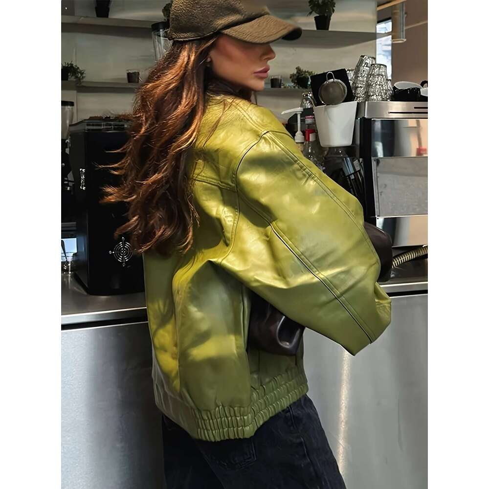 Women's Olive Green Retro Street Style Jacket - Loose Fit Drop Shoulder Zip-Up Casual Coat With H-Silhouette, Long Sleeves & Solid Color Design F