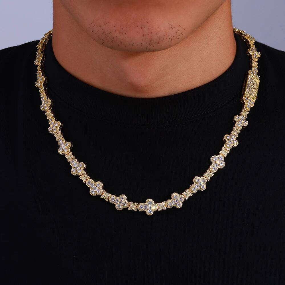 NY HipHop Jewelry New Style Bling Iced Out Cross Choker Necklace Women Full Pave Gold Plated Flower Star Link Chain