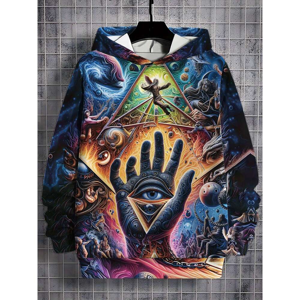 Men's Hooded Sweatshirt Psychedelic 60S Retro Graphic Pullover With Mystical Eyes, Cosmic Swirls Warm Winter Hoodie For Everyday & Themed Events 