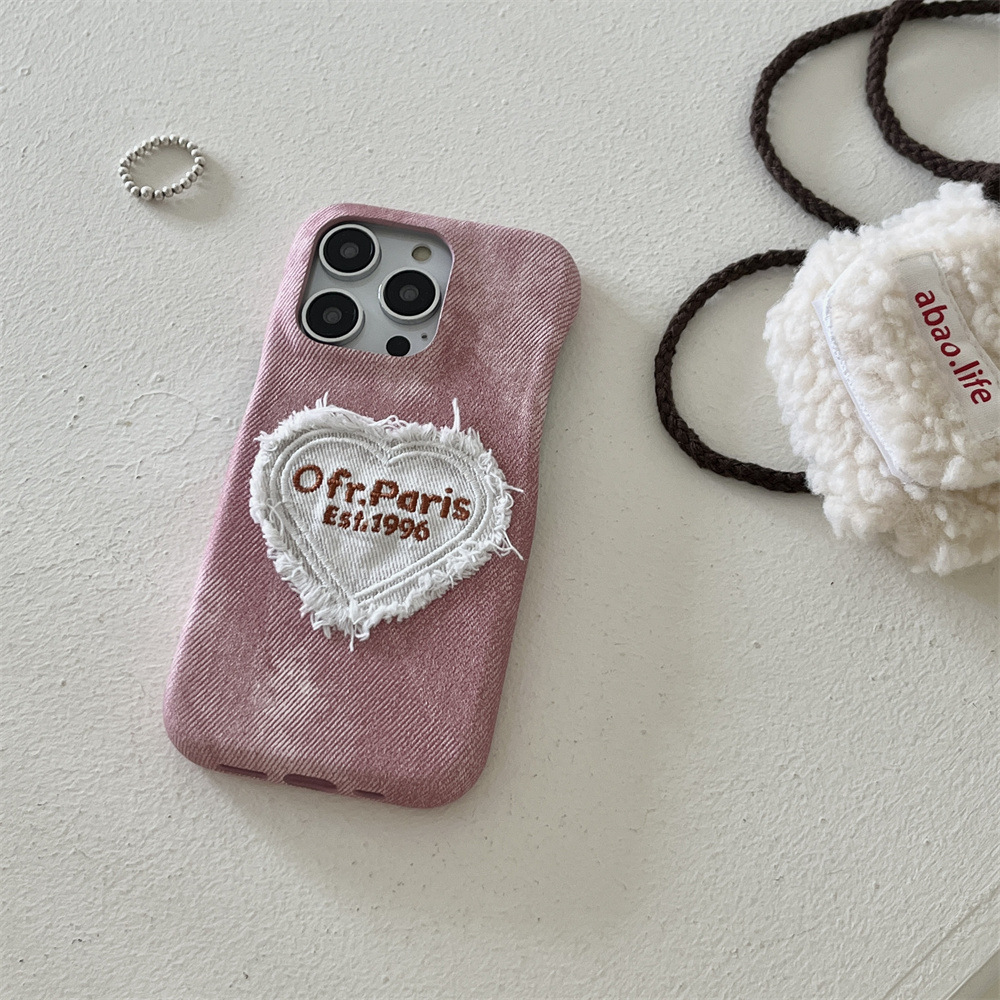 Suitable for iphone 17/16/15/14 Pro Max Denim Embroidered Heart Phone iPhone 13/12 Cartoon Case