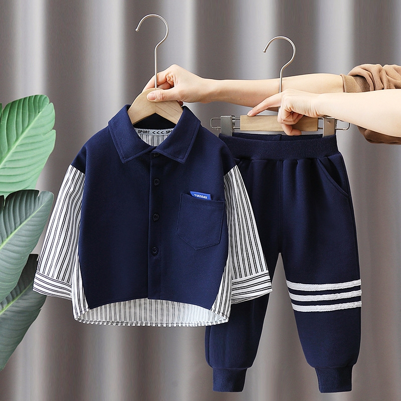 Children's clothing, boys' spring clothing, spliced vertical stripe shirt set, 2025 new style, small and medium-sized boys' sports, spr
