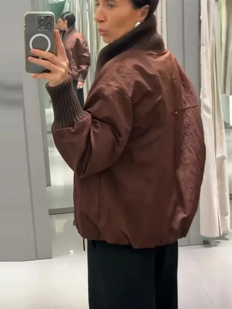 Casual Patchwork Lapel Coats Women Loose Zipper Pockets Full Sleeve Drawstring Short Jacket 2025 Autumn Lady Commute Outerwear 251010