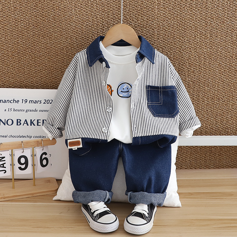 Boys' Spring and Autumn Set 2025 New Style Infant and Children's Long Sleeve Western Style Three piece Cowboy Set with Vertical Strips free 