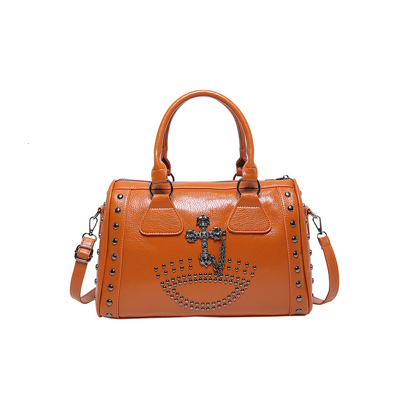 Luxury Brand Designer Bag Large Capacity Punk Style Commuter Boston Cylinder Handbag For Women, Niche Rivet Shoulder Bag