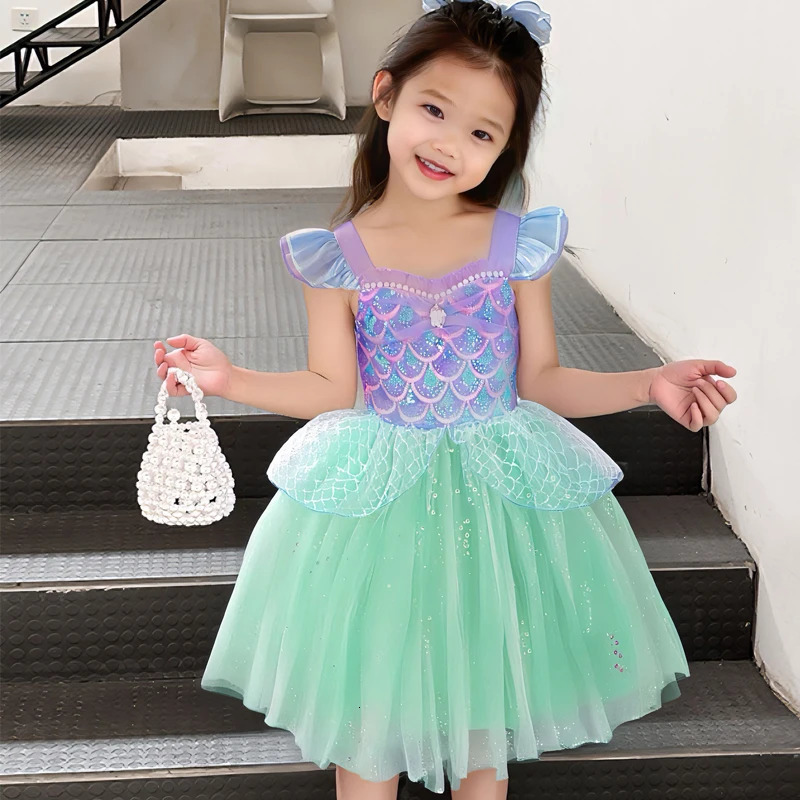 Girls Flying Sleeve Suspender Mesh Skirt Baby Girl Summer Sweet Sequin Performance Costume Mermaid Princess Dress 251014
