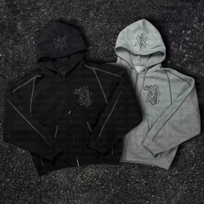 American Y2K Casual Zipper Hoodie Sweatpant Two Piece Set HipHop Oversized Embroidery Sweatshirts Men Women Casual Pants 251016