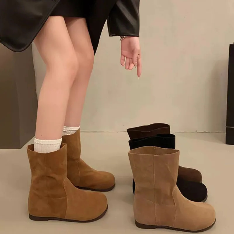 Fashion Autumn Women MidCalf Boots High Quality Cow Suede Leather SlipOn Flat Heel Casual Boots Ladies Handmade Retro 251011