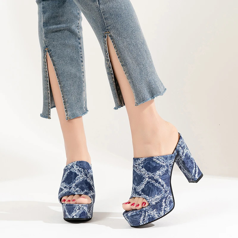 Super High Heel Slippers Summer Round Toe Open Toe Platform Denim NonSlip WearResistant Temperament High Heels 251017