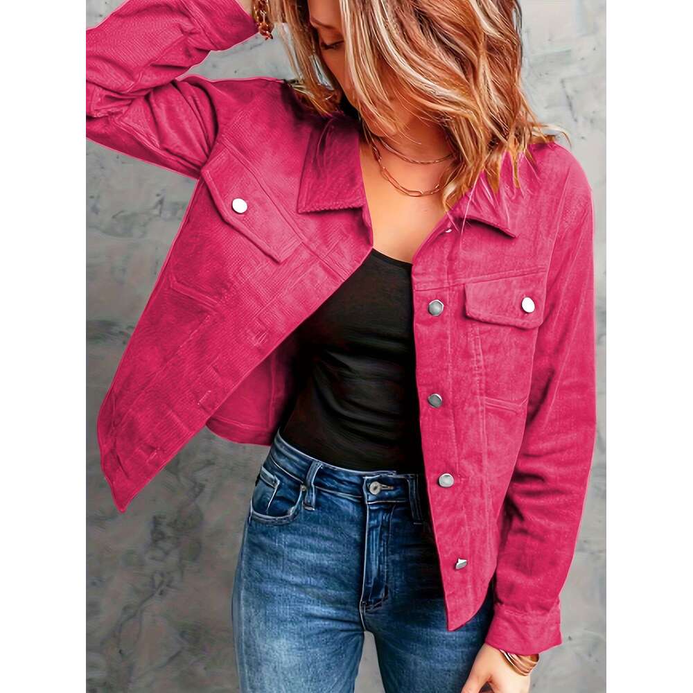 Corduroy Button Front Flap Pockets Jacket, Casual Long Sleeve Jacket For Spring & Fall, Women's Clothing
