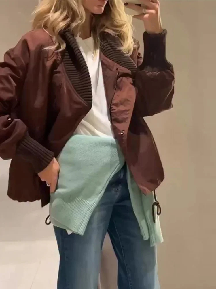 Casual Patchwork Lapel Coats Women Loose Zipper Pockets Full Sleeve Drawstring Short Jacket 2025 Autumn Lady Commute Outerwear 251010