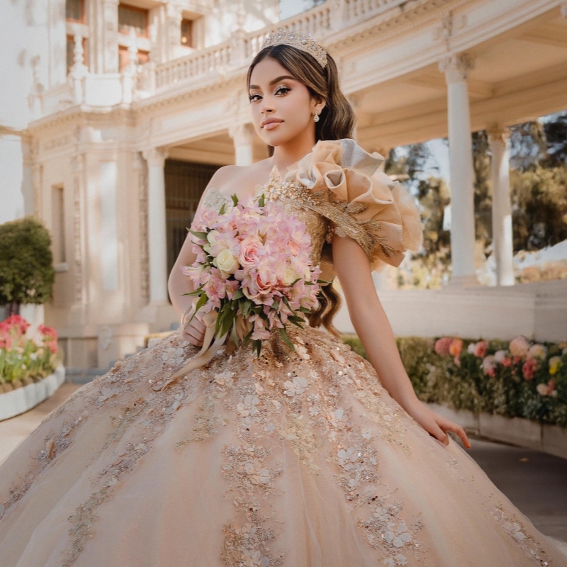 Champagne Shiny Quinceanera Dresses Off The Shoulder Applique Lace Beading Crystal Tull Corset Party Birthday Sweet 16 Dres Vestidos 15 De Anos