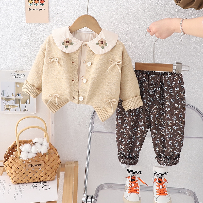 Girls' Spring Set Spring and Autumn New Knitted Bow Sweater Long Sleeve Casual Three piece Set for Small and Medium sized Children Trendy free sh