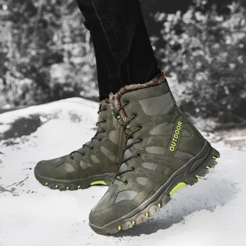 Winter Mens Boots Thick Plush Warm Snow Boots LaceUP Men Ankle Boots Outdoor Waterproof Mens Motorcycle Boots Size 47 251010