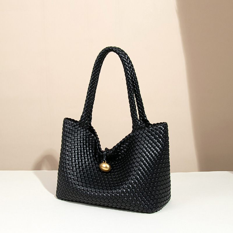 New Women's Large Capacity Handwoven Laptop Gold-Plated Soft Leather Horizontal Square Shoulder Tote Bag