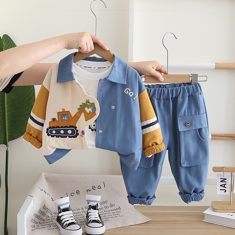 Boys' autumn fashion cartoon excavator three piece set, baby's autumn handsome baby clothes trendy children's fashion free shipping