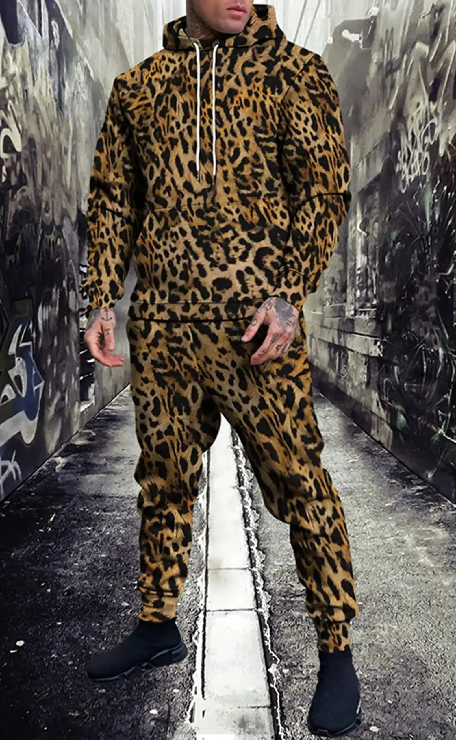 Mens 3D Leopard Print Hoodies 2Piece Hooded Sweatshirt Sweatpants Set AutumnWinter Loose Casual Outdoor Tracksuit Outfits 251016