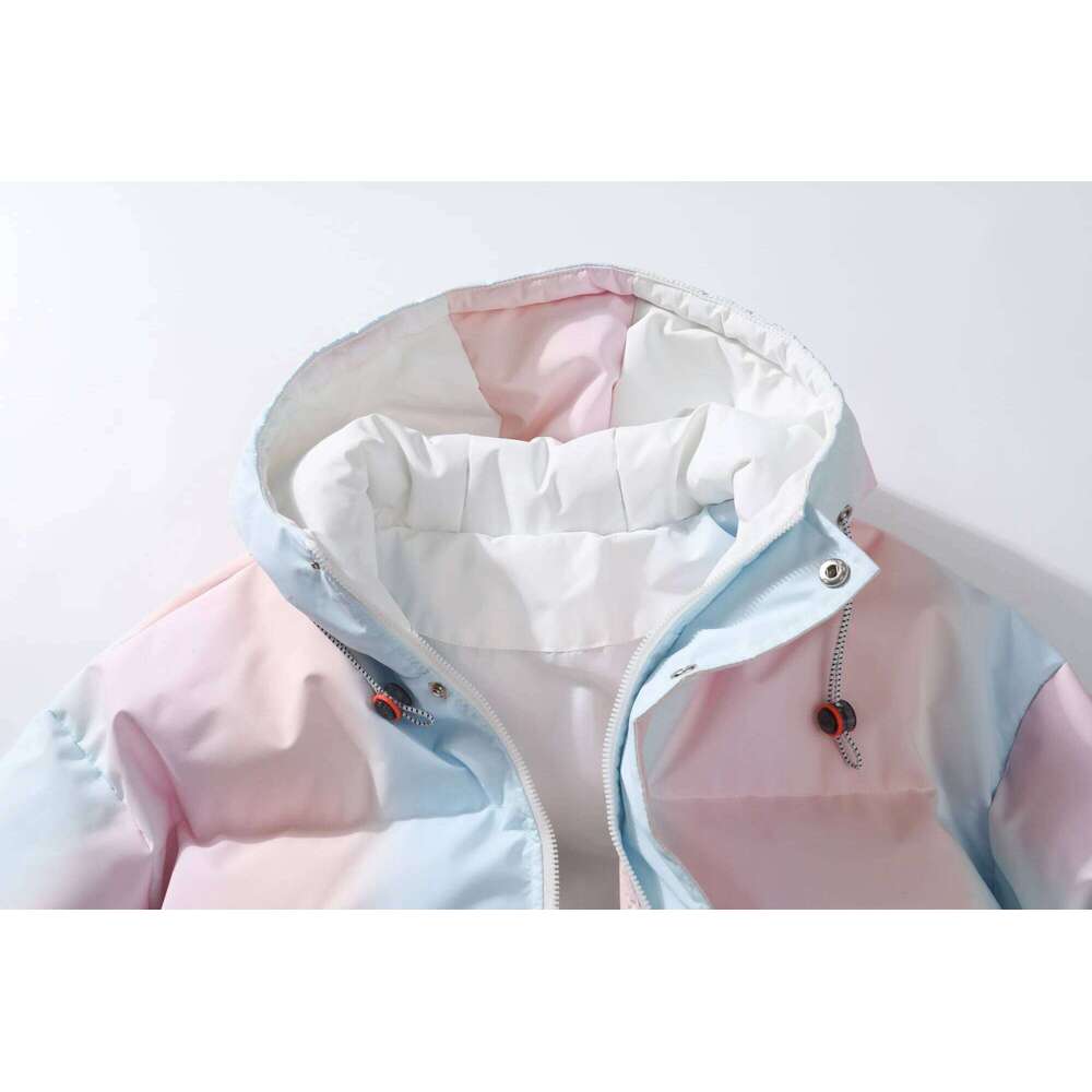 Men's Pink - Blue Ombre Hooded Puffer Jacket, Pastel Gradient Winter Coat With Functional Pockets
