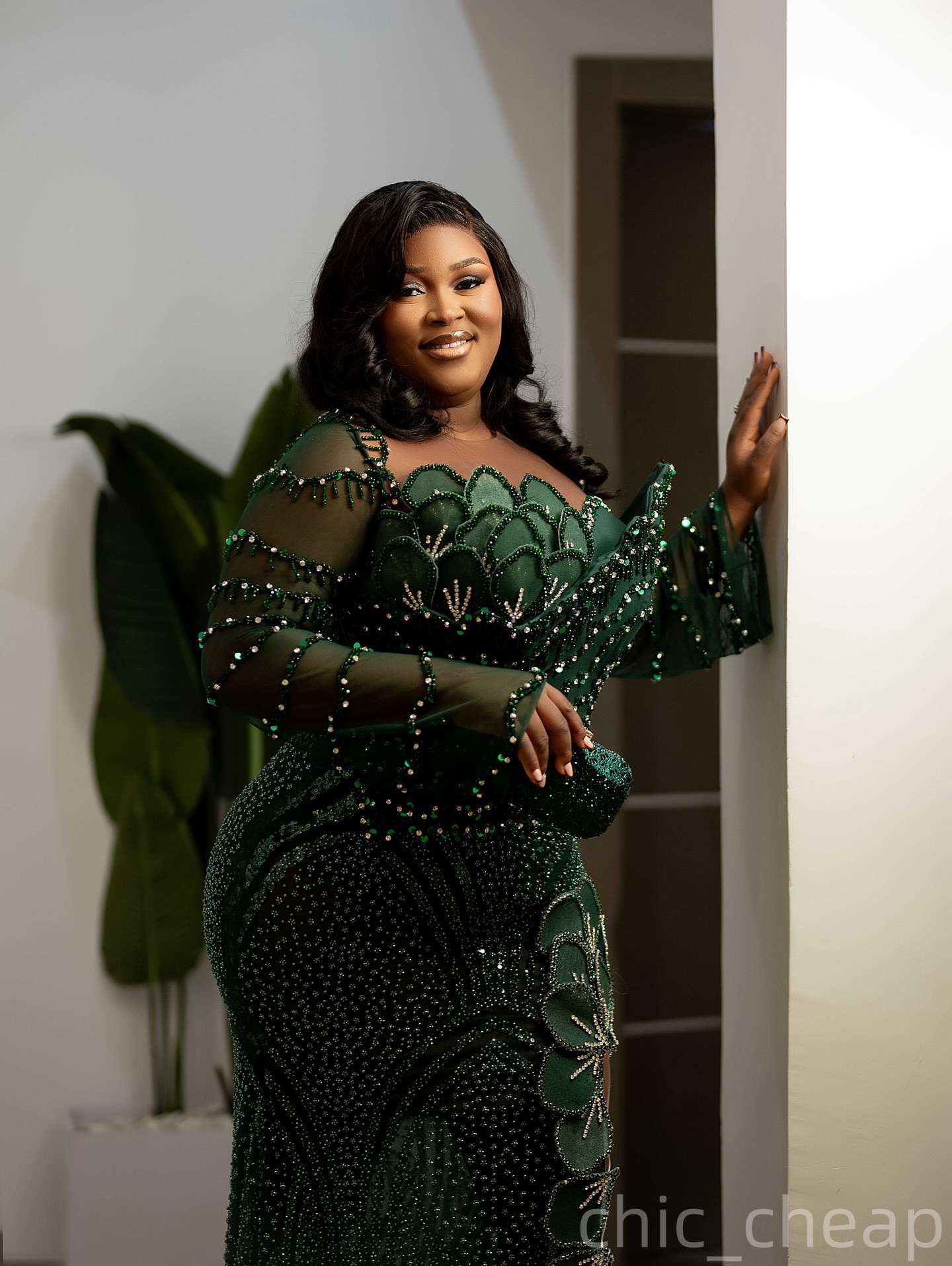 Sheath Dark Green Prom Dresses 2025 Florals Crystals Full Sleeves Evening Formal Party Second Birthday Engagement Gowns Plus Size Dress For Special Oc