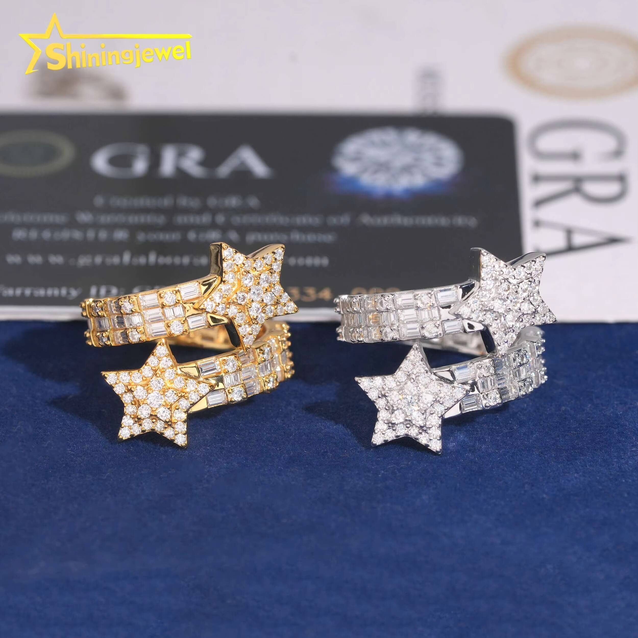 Pass Diamond Tester Full Iced Out Star Shape Hip Hop Rapper Jewelry VVS Moissanite Baguette Diamond 925 Silver Men Ring