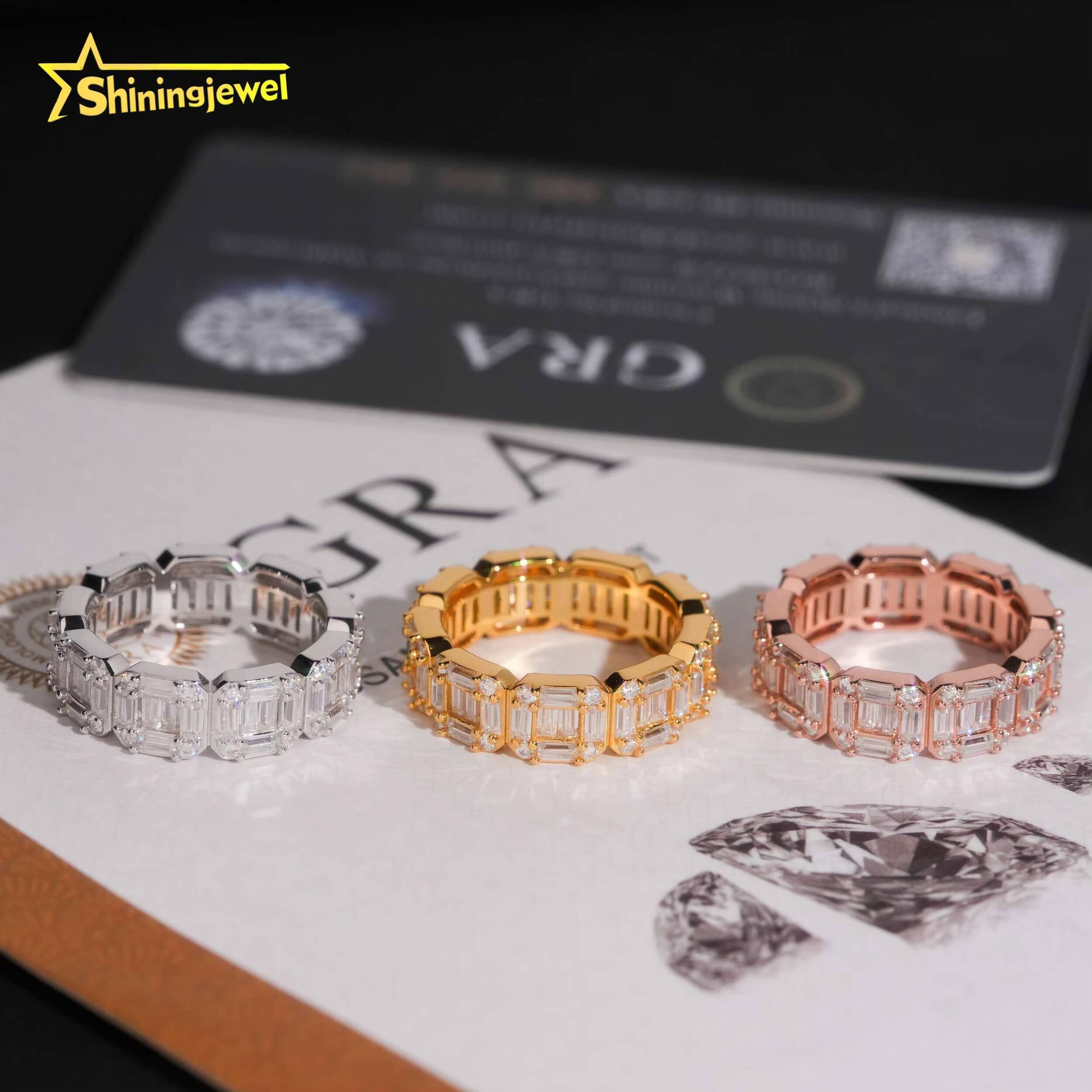 925 Silver Fashion Men Hip Hop Ring Pass Diamond Tester Iced Out baguette Moissanite Diamond Rings
