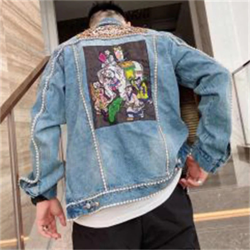 Diamond Border Printing Fashion Mens Denim Slim Fit Bomber Jacket Mens Autumn Casual Hip Hop Denim Jacket Veste En Jean 251014