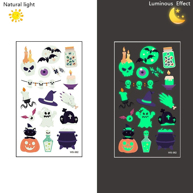10Sheets Halloween Luminous Tattoo Stickers Ghost Pumpkin Kids Adults Halloween Party Decoration Glow In The Dark Supplies Gifts 251010