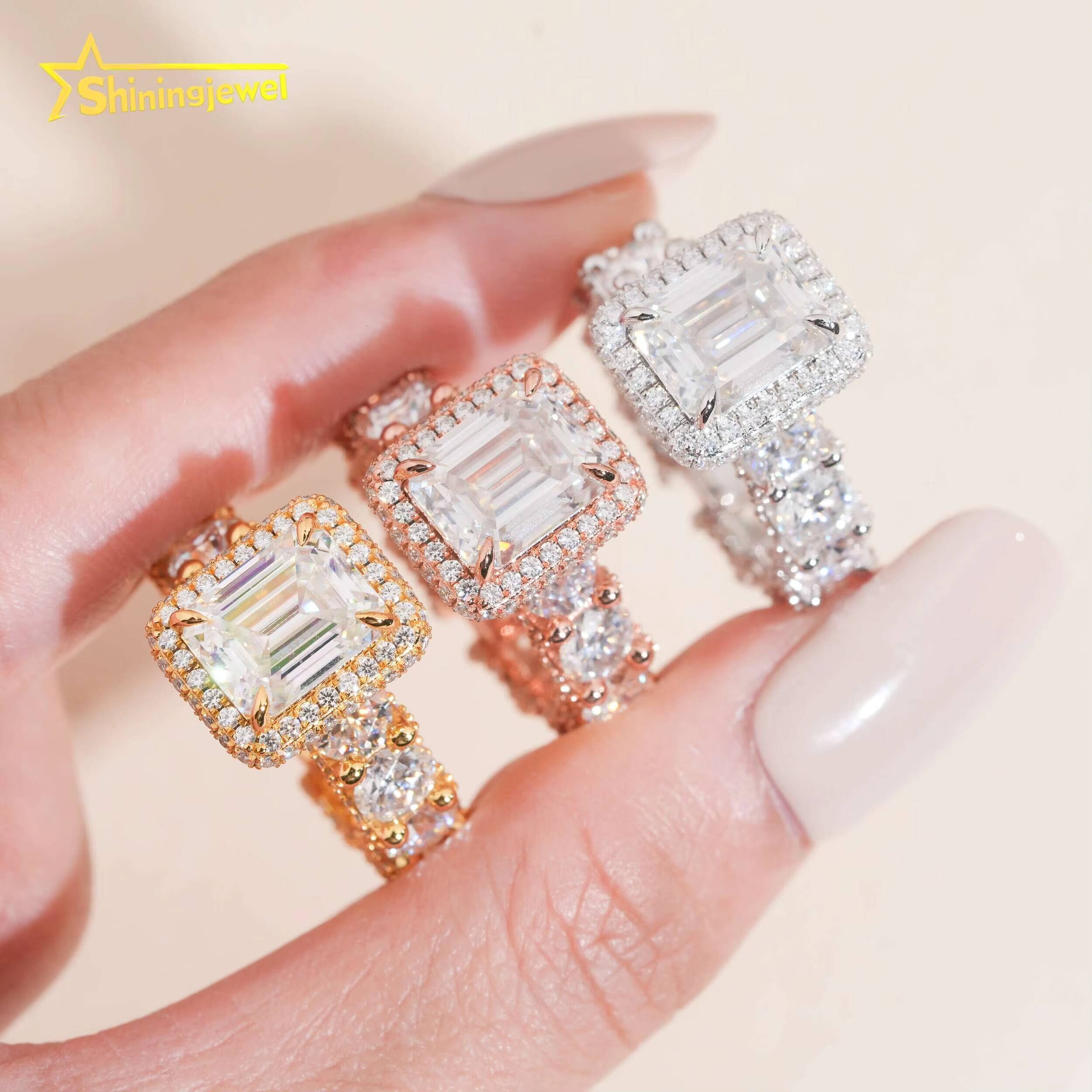 Luxury New Arrival Ring Emerald Cut Diamond Fully Iced Out Women Ring VVS Moissanite Hop Jewelry 925 Sliver Wedding Rings
